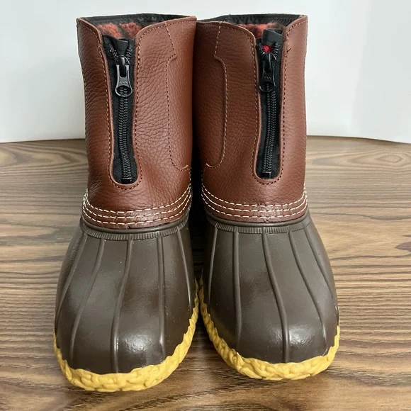 LL Bean Brown Leather 7" Front Zip Fleece Lined Insulated Duck Boots Women sz 9 - Picture 6 of 12
